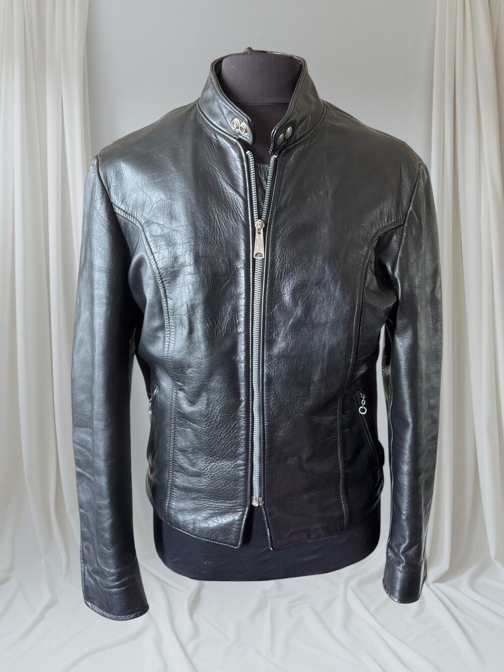 Men's Vintage Black Leather Cafe Racer Jacket, L 42